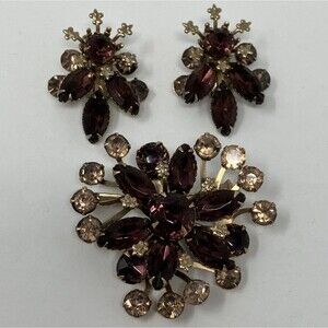Vintage Purple Pink Rhinestone Crystal Flower Brooch  & Earrings Set Gold Tone